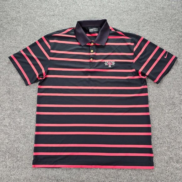 Nike Golf Polo Shirt Mens XL Black Pink Striped Short Sleeve Timacuan Golf‎ Club - Picture 1 of 7